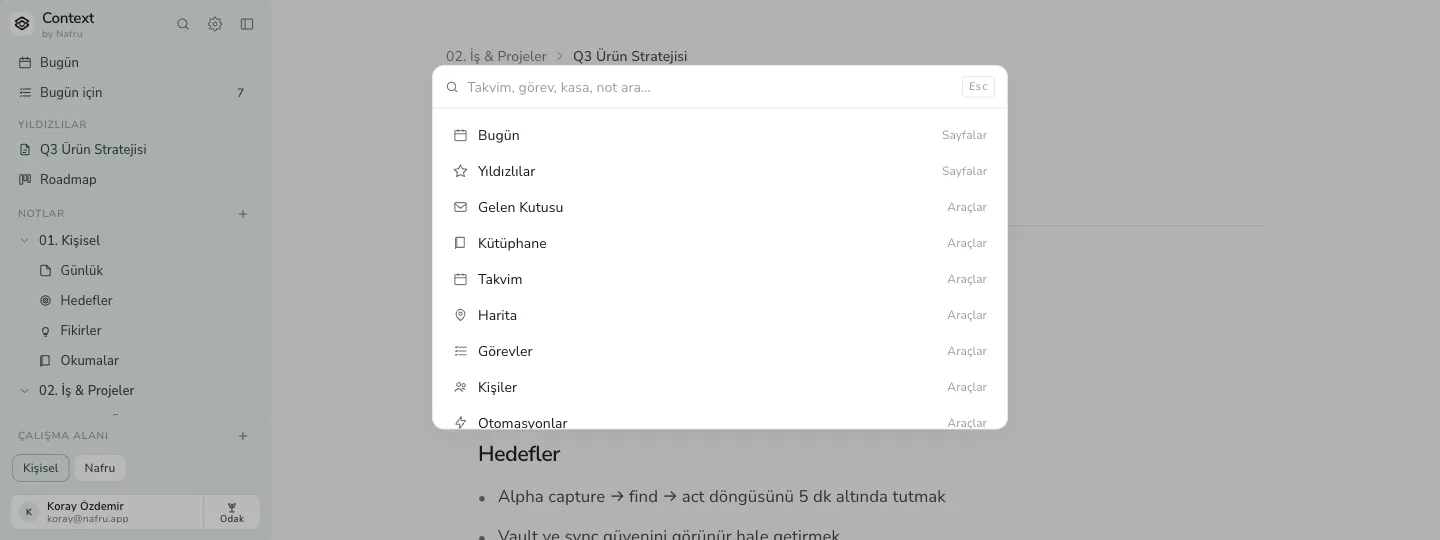 Komut paleti — ⌘K ile sayfalar, araçlar ve kayıtlar